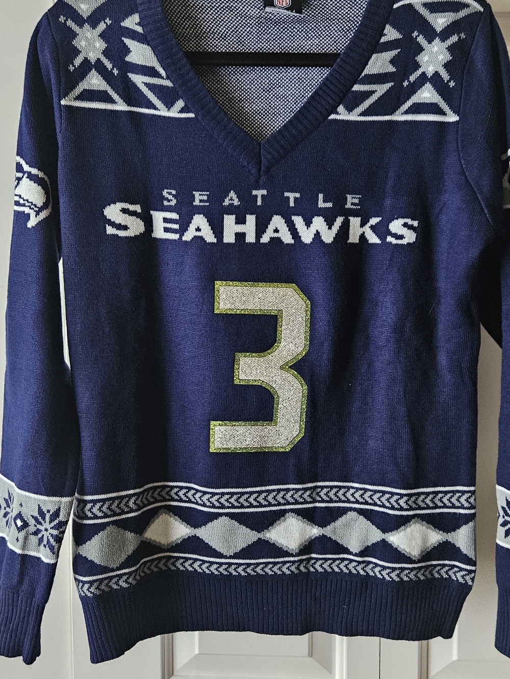 Seattle Seahawks Navy Holiday Knit Sweater with #3